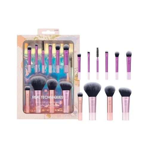 Offerta a tempo: Real Technique, set di mini pennelli Travel Fantasy da 11 pezzi, pennelli da trucco da viaggio per fondotinta, ombretto, cipria, fard, contouring e correttore, borsa per il trucco inclusa, 11 pezzi - 35% da 16.09 € a 10.49 €