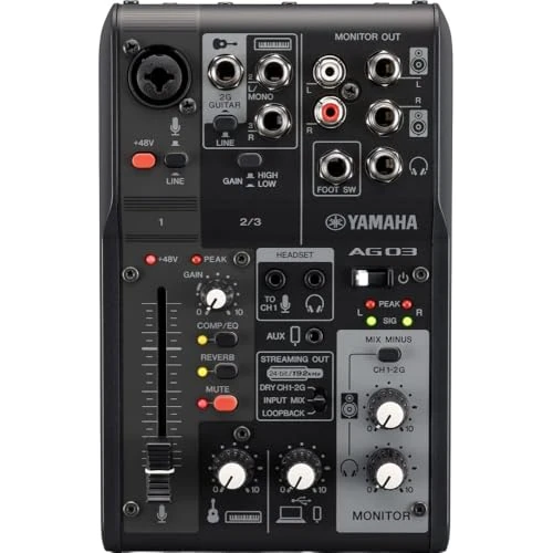 Mixer Yamaha AG03MK2 Mixer a 3 Canali per Streaming Live con Interfaccia Audio USB, per Windows, Mac, iOS e Android, Nero