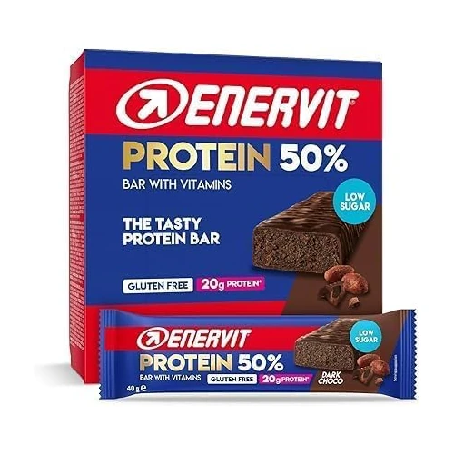 Enervit, Protein Bar 50% Dark Choco, Protein Bars, 20 g of Protein, Low Sugar, with Vitamin D and B6, Dark Chocolate Flavour, for Recovery After Sport, Gluten Free, 12 Bars of 40 g