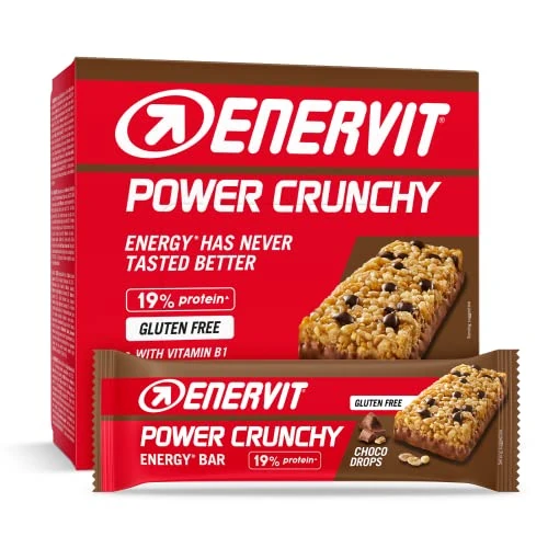 Enervit, Power Crunchy Choco Drops, Barretta Energetica con Gocce di Cioccolato Fondente, 23g di Carboidrati, 19% di Proteine, Adatte Durante l'Attività Sportiva, Senza Glutine, 12 Barrette da 40g