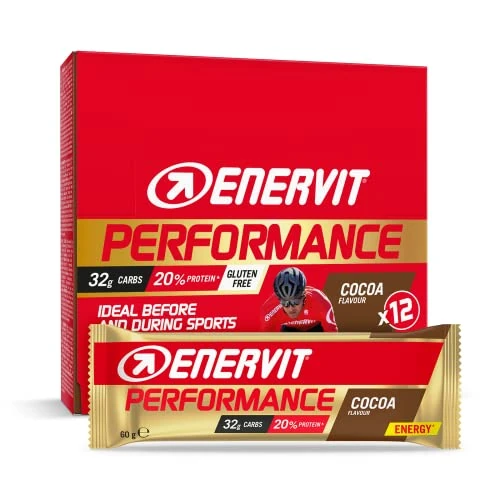 Enervit Performance Bar Cocoa – Energieriegel, 32 g Kohlenhydrate, 20% Protein, Kakaogeschmack, für langanhaltende Ausdaueraktivitäten, Glutenfrei, 12 Riegel à 60 g