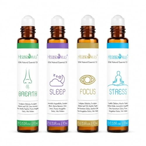 Offerta a tempo: Set di roll on con oli essenziali di aromaterapia HERBROMAS, miscele naturali già diluite per l'uso sulla pelle, regalo rilassante per donne e uomini, confezione da 4 x10ml. - 0.00% da 15.99 € a 15.99 €