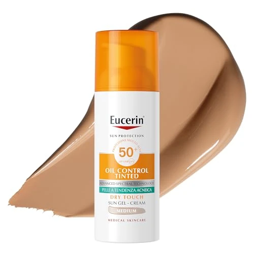Offerta a tempo: Eucerin Oil Control Tinted Dry Touch Medium SPF50+ 50 ml, Crema solare viso 50+ colorata e opacizzante, Protezione solare viso 50+ senza profumo, Texture leggera per pelle grassa, acneica e sensibile - 0.00% da 16.18 € a 16.18 €