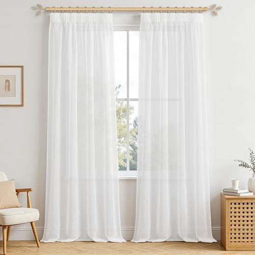 MRTREES Curtains with Ruffle Tape, Store Curtains, White, Short, Transparent, 260 x 140 cm (H x W), Loop Scarf, Set of 2 Linen Look Curtains for Living Room, Bedroom, Girls, Youth, Curtains
