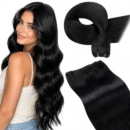 Offerta a tempo: LaaVoo Extension Capelli Veri Tessitura Nero Jet 50cm 100g, Matassa Lucente Remy, Nero Intenso e Brillante, per un Look alla Moda #1 - 37% da 74.99 € a 47.23 €