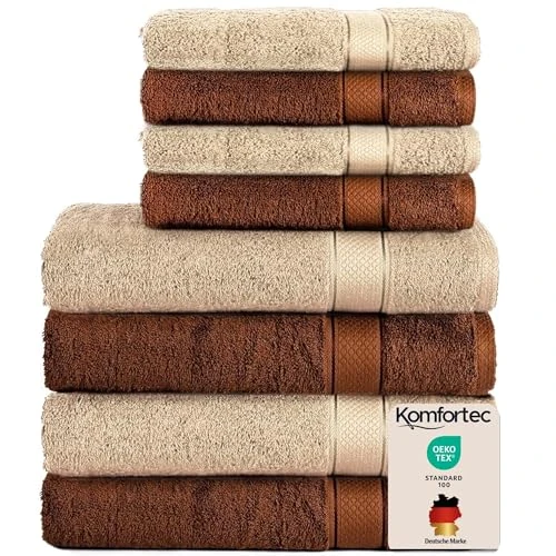 Zeitlich begrenztes Angebot: Komfortec 8er Handtücher Set, 4 Badetücher 70x140 cm & 4 Handtücher 50x100 cm, 100% Baumwolle Frottee, Flauschig und Saugstark,Braun/Beige von 49.99 € auf 49.99 € (0.00% Rabatt)