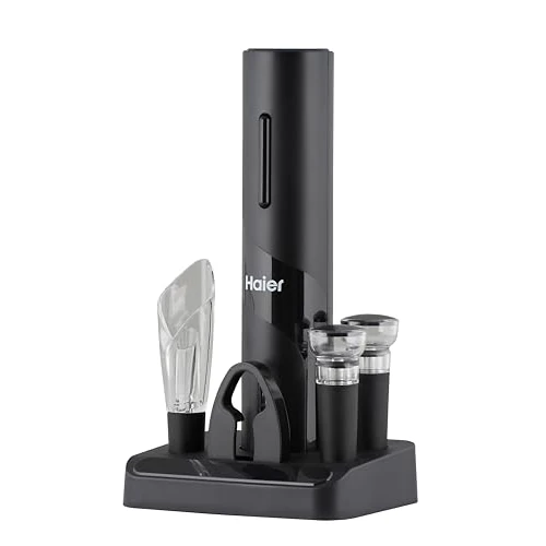 Haier HAWBKIT05 Set da Vino Elettrico a Batterie, Include Aeratore e Salvagocce a Tulipano, Apribottiglie, Tagliacapsule, 2 Tappi Sottovuoto, Base d'Appoggio per Conservazione, qualità Premium