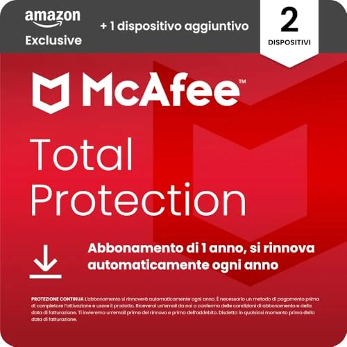 Offerta a tempo: McAfee Total Protection - 2 più 1 Dispositiv aggiuntivo 2026 | Antivirus, VPN gestore delle password, software di sicurezza,| Abbonamento di 1 anno con rinnovo automatico, Scarica - 81% da 96.95 € a 17.99 €