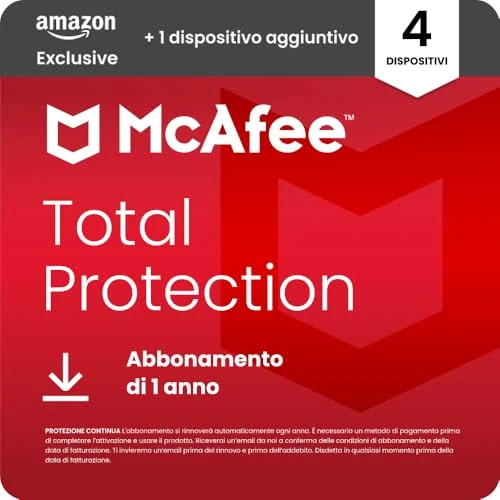 Offerta a tempo: McAfee Total Protection - 4 più 1 Dispositiv aggiuntivo 2026 | Antivirus, VPN gestore delle password, software di sicurezza,| Abbonamento di 1 anno con rinnovo automatico, Scarica - 83% da 109.95 € a 18.99 €