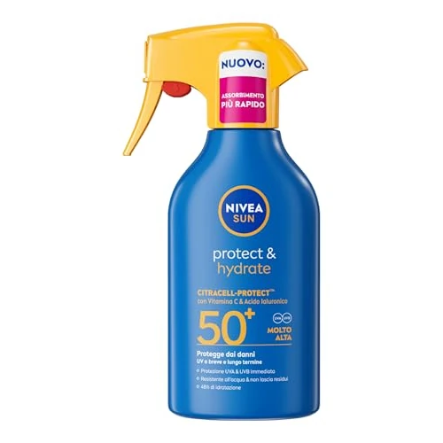 Offerta a tempo: NIVEA SUN Protect & Hydrate Maxi Spray Solare SPF 50+ 270 ml, Crema solare 50 spray idratante 48h ad assorbimento rapido, Protezione solare 50+ resistente all'acqua con Vitamina C e Acido Ialuronico - 34% da 18.99 € a 12.59 €