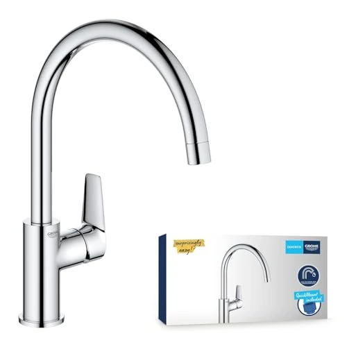 Limited-time offer: GROHE Start Edge – Single Lever Kitchen Sink Mixer Tap (High C-Spout, 360˚ Swivel Range, 28 mm Ceramic Cartridge, Tails 3/8 Inch, Min. Recommended Pressure 1.0 bar), Easy to Install, Chrome, 30529001 from 92.00 GBP to 92.00 GBP (save 0%)