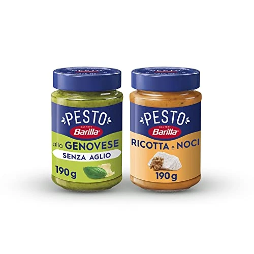 Barilla Sugo Pesto alla Genovese senza Aglio con Basilico Fresco Italiano e Parmigiano Reggiano Dop, senza Glutine, 190g + Barilla Sugo Pesto Ricotta e Noci alla Siciliana, senza Glutine, 190g