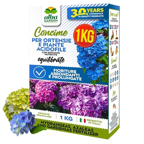 Albagarden - Hortensiendünger Granulat Hortensien Dünger – Für Rhododendron Azaleen Kamelien, säureliebende Pflanzen Moorbeetpflanzen Dünger Topfpflanzen Freiland 1 kg