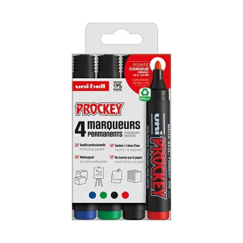 Tijdelijke aanbieding: Uni Prockey - UNI-BALL - Mitsubishi Pencil Uni - PM122 Reukloze Permanente Marker- Vele Ondergronden, Waterbasis, Geurloos - Medium Conische Punt 1,2-1,8mm- Zero Plastic Verpakking- Set van 4 Kleuren van 18.45 € naar 18.45 € (0.0% k