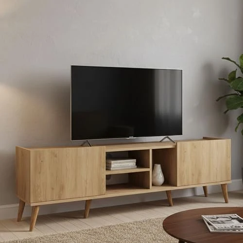 Offerta a tempo: Dmora - Mobile porta TV Jocasta, Credenza da soggiorno, Armadio basso per TV, Base parete attrezzata, 180x34 h52 cm, Quercia - 54% da 232.99 € a 107.99 €
