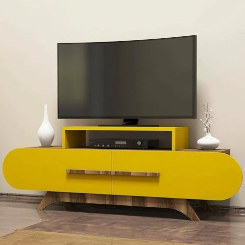 Offerta a tempo: Dmora - Mobile Porta TV Praesepe, Credenza da Soggiorno, Armadio Basso per TV, Base Parete attrezzata, 145x37 h50 cm, Noce e Giallo - 41% da 146.99 € a 86.99 €