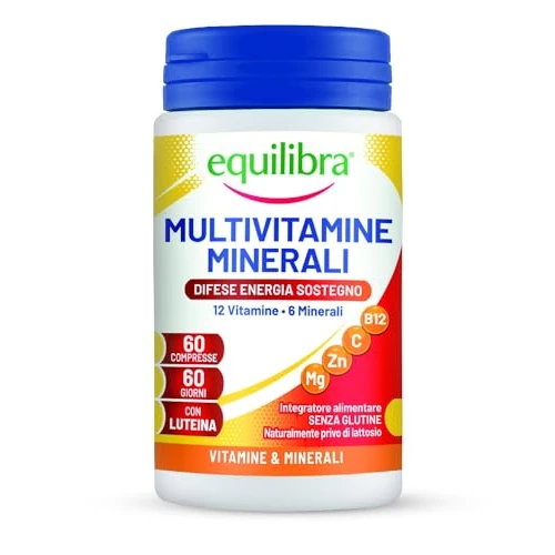 Offerta a tempo: Equilibra Integratori Alimentari, Multivitamine e Minerali, a base di 12 Vitamine e 6 Minerali con Luteina, Indicato per Diete Povere di Minerali e Vitamine o Aumentato Fabbisogno, 60 Compresse - 27% da 9.49 € a 6.90 €