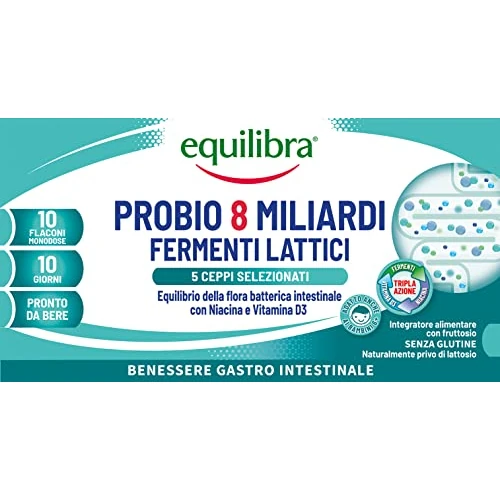 Equilibra Integratori Alimentari, Probio 8 Miliardi, Integratore a base di Fermenti Lattici e Vitamine con Niacina e Vitamina D3 per l'Equilibrio della Flora Batterica Intestinale, 10 Flaconi Monodose