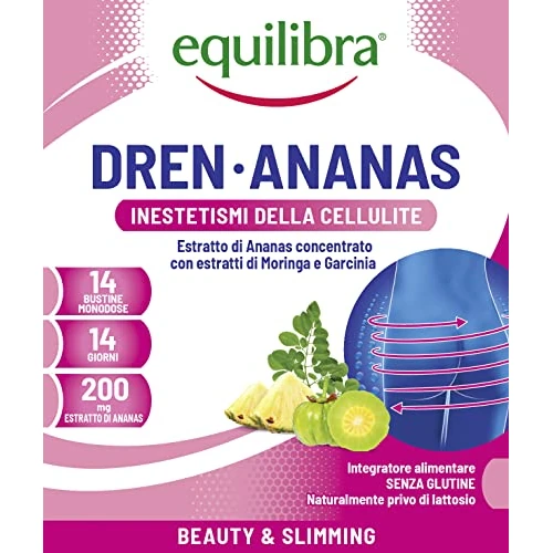 Equilibra Integratori Alimentari, Dren·Ananas, a base di Estratto Concentrato di Ananas con Estratti di Moringa e Garcinia, per Contrastare gli Inestetismi della Cellulite, 14 Bustine Monodose