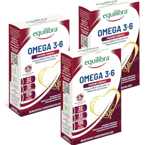 Offerta a tempo: Equilibra Omega 3 6, Integratore Olio di Pesce con EPA e DHA per la Normale Funzione Cardiaca, Cerebrale e Visiva, con Omega 6 da Olio di Enotera e Vitamina E, 3 pezzi da 32 Capsule - 37% da 18.29 € a 11.55 €