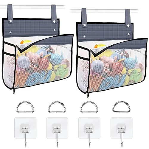 Linkidea Lot de 2 paniers de rangement suspendus en filet pour salle de bain, grande capacité, avec crochets adhésifs, et accessoires de bain pour enfants