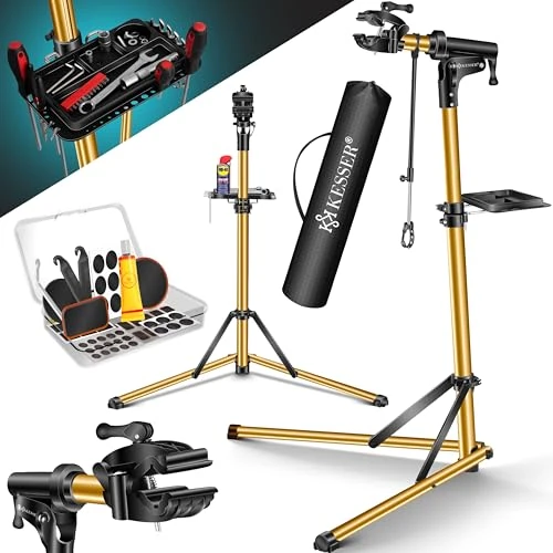Tijdelijke aanbieding: KESSER Fietsmontagestandaard, professionele reparatiestandaard, aluminium voor fietsen, mountainbikes, e-bike, zware montagestandaard, fietsstandaard + tas met snelontgrendelingen, 360 graden van 68.90 € naar 68.90 € (0.00% korting)