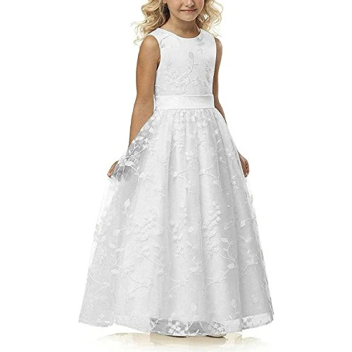 Aibaowedding Chic Robe longue pour enfant de communion en tulle brodé avec ceinture en satin style bohème A pour demoiselle d'honneur Robe de fille 2-12 ans, Blanc., 6 ans