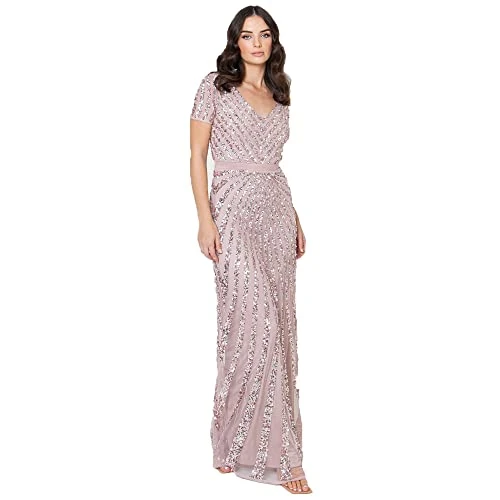 Oferta limitada: Maya Deluxe Maxi Womens Ladies Embellished Sequin Dress Long Short Sleeve V Neck High Empire Waist A Cut Shiny Prom Weddin, Vestido de Dama de Honor Mujer, Frosted Pink, 20 de 56.37 € a 56.37 € (ahorro 0.00%)