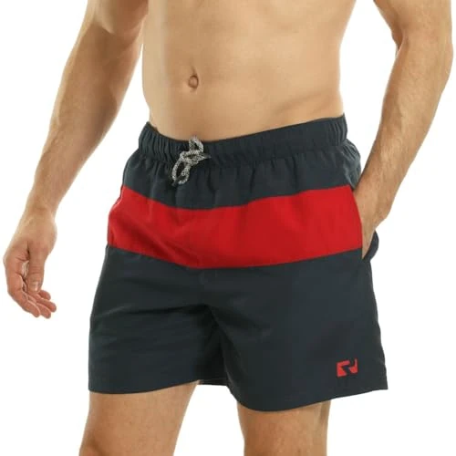 RIPT Mens Performance Essentials Quick Dry Uv 50 Sun Protection Swim Shorts Trunks, Navy/Red, S UK