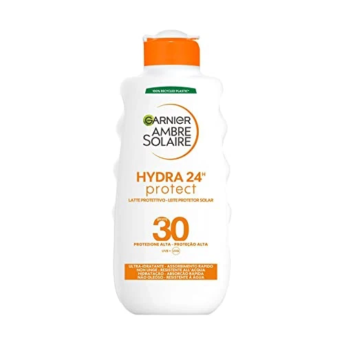 Offerta a tempo: Garnier Ambre Solaire Latte Protettivo Hydra 24H Protect, Viso e Corpo, Ultra-Idratante per Tutto il Giorno, Con Protezione Alta SPF 30, Resistente all'Acqua, A Rapido Assorbimento, 200 ml - 28% da 13.75 € a 9.88 €