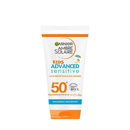 Offerta a tempo: Garnier Ambre Solaire, Advanced Sensitive Kids Latte Protettivo Ultra-Leggero. Protezione molto alta per la pelle sensibile dei bambini, SPF50+, 50ml - 20% da 5.49 € a 4.39 €