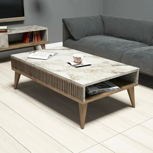 Offerta a tempo: Dmora - Tavolino da Salotto Capricorn, Tavolo Basso da caffè, Portariviste per Divano, Ripiano da Soggiorno, 105x60h35 cm, Noce e Bianco - 66% da 209.99 € a 71.99 €