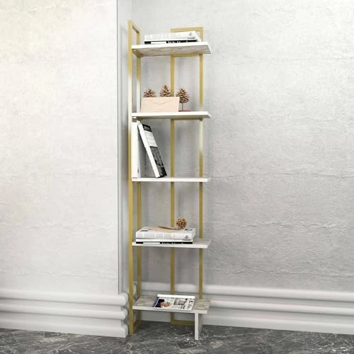 Tijdelijke aanbieding: Libreria Alnair, Scaffale da ufficio, Mobile portalibri, Biblioteca, 45x22h180 cm, Bianco e Oro van 259.99 € naar 259.99 € (0.00% korting)