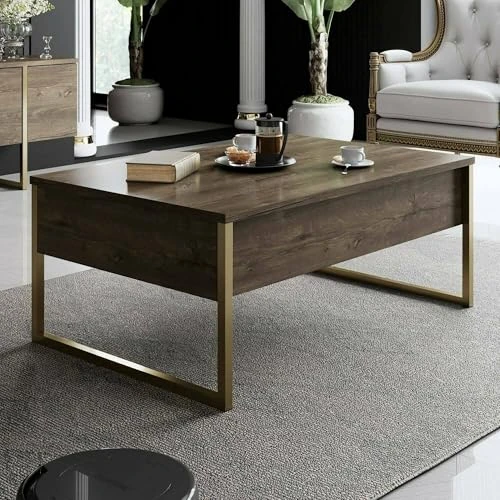 Offerta a tempo: Dmora - Tavolino da Salotto Canis, Tavolo Basso da caffè, Portariviste per Divano, Ripiano da Soggiorno, 90x60h40 cm, Noce e Oro - 9.85% da 131.99 € a 118.99 €