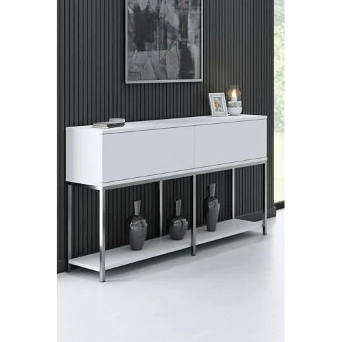 Credenza Altair, Buffet da soggiorno, Madia da salotto, Dispensa da cucina, 150x30h80 cm, Bianco e Argento
