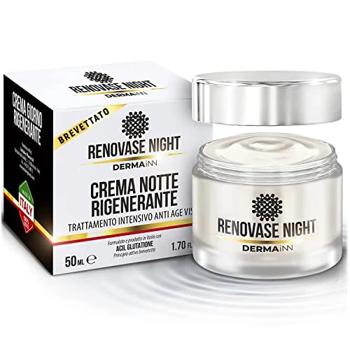 Offerta a tempo: Renovase Night Crema Notte Viso Antirughe per Uomo e Donna - Acido Ialuronico Viso - Acil Glutatione e Omega 3 - Crema Notte Antirughe - Azione Antinfiammatoria - 32% da 16.97 € a 11.50 €