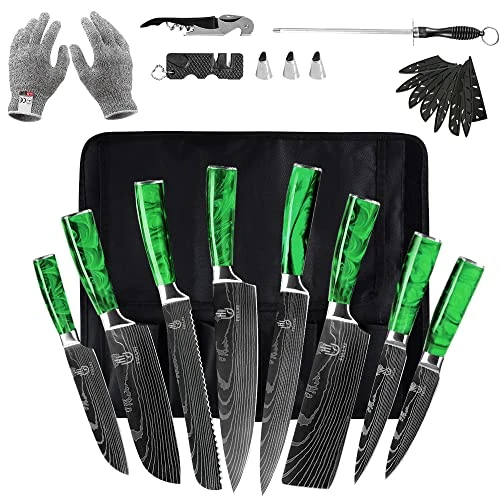 FULLHI Messer Set, 14pcs japanisches Messer Set, Mehrfarbige Premium deutsche Edelstahl Küchenmesser Set
