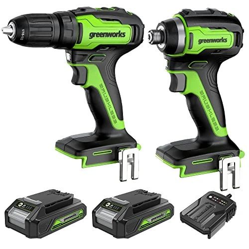 Greenworks 24V Cordless Drill Driver 35Nm and Impact Driver 200Nm Combo Kit, 2pcs 2.0Ah Lithium-Ion Batterie, Charger Kit, 8 bits and Tool Bag