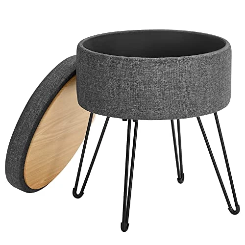 SONGMICS Sitzhocker, runder Hocker mit Stauraum, Aufbewahrungsbox mit Deckel, 13,4L, Fußablage, Metallbeine, gepolsterter Sitz, für Wohnzimmer, Schlafzimmer, dunkelgrau LOM002G02