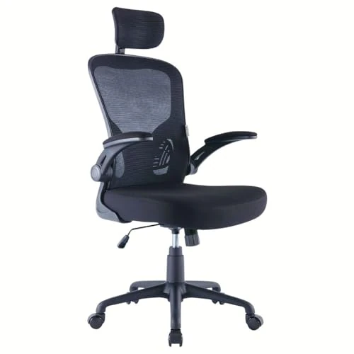 ZIK Ergonomic Office Chair, Swivel Chair with Swinging Headrest, Folding Armrests, Adjustable Height, Office Chair with Lumbar Support, Desk Chair, Black, 62 x 63 x 129 cm