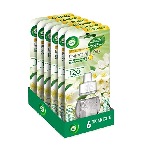 Airwick Ricariche per Diffusore Elettrico di Oli Essenziali, Confezione da 6 ricariche di Profumatore per Ambienti alla Fragranza di Fresia e Gelsomino, Profumatore per Ambienti Elettrico
