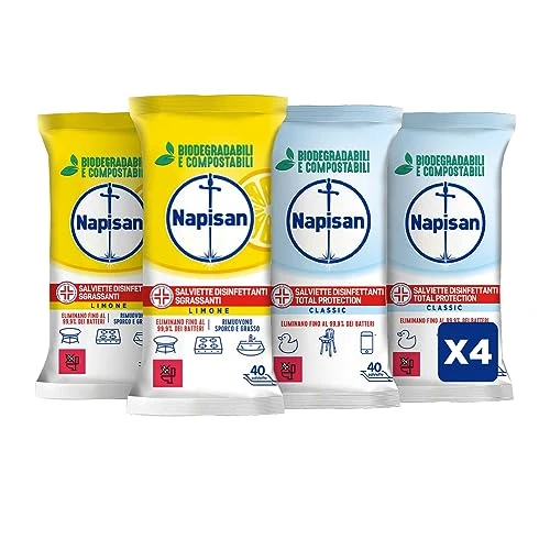 Offerta a tempo: Napisan Salviette Disinfettanti Biodegradabili, Confezione da 2x40 Salviette Disinfettanti al Limone e Confezione da 2x40 Formula 0%, Disinfettante Multisuperfici contro Germi, Batteri e Allergeni - 20% da 11.99 € a 9.59 €