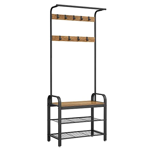 Limited-time offer: VASAGLE Coat Rack, Coat Stand with Shoe Storage Bench, 4-in-1 Design, with 9 Removable Hooks, a Clothes Rail, for Hallway, Entrance, 33.7 x 72 x 183 cm, Industrial, Rustic Walnut and Black HSR040B41 from 34.99 GBP to 27.99 GBP (save 20%)