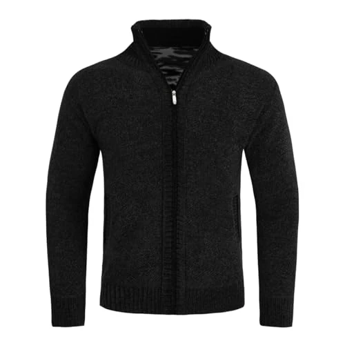 Allthemen Cárdigan de Hombre de Lana con Cremallera y Cuello Alto Suéter Grueso Forrado Negro M