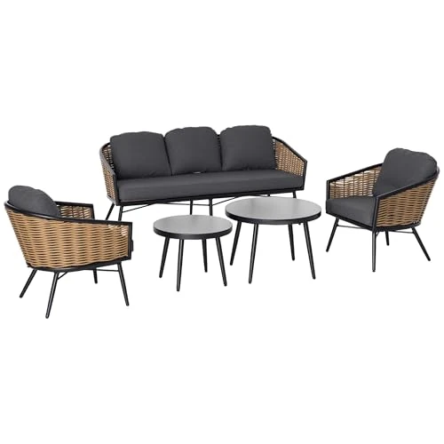 Offerta a tempo: Outsunny Set Mobili da Giardino in Rattan 5 Pezzi, Salottino da Esterno con 2 Tavolini, Divano 3 Posti e 2 Poltrone con Cuscini - 45% da 689.95 € a 379.20 €