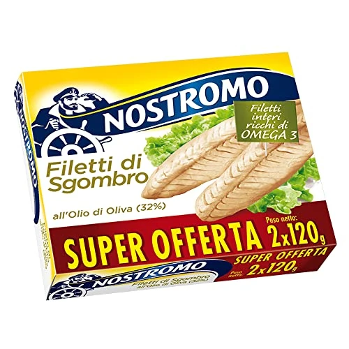 Offerta a tempo: Nostromo - Filetti di Sgombro Interi all'Olio di Oliva, 2 Lattine da 120g - Ricchi di Omega 3, Senza Conservanti - 25% da 3.99 € a 2.98 €