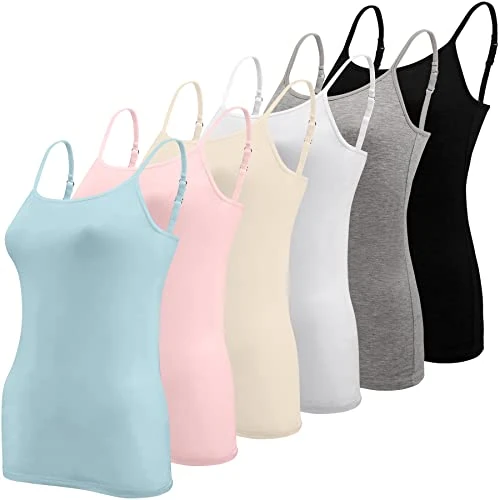 BQTQ 6 Piezas Camisetas Tirantes Mujer Camisola Larga Básica Camisola de Tirante Spaghetti Ajustable Camiseta sin Mangas para Mujer, Negro, Blanco, Gris, Azul Cielo, Rosa, Beige, S