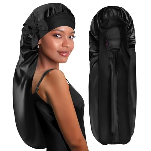 Offerta a tempo: BONNET QUEEN Cuffia Seta Capelli Notte, Cuffia Capelli Ricci Notte, Bonnet Seta con Lacci Regolabili, Cuffia Lunga Protettiva Anti-Crespo per Capelli Lunghi, Nero - 0.00% da 13.99 € a 13.99 €