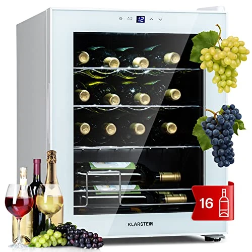 KLARSTEIN Vinoteca 16 Botellas, Nevera Vinos de Una Zona, Nevera Expositora Vino y Cerveza, Vinoteca Pequeña Panel Táctil con Puerta de Cristal, Nevera Vino Protección UV, Temperatura 5-18°C