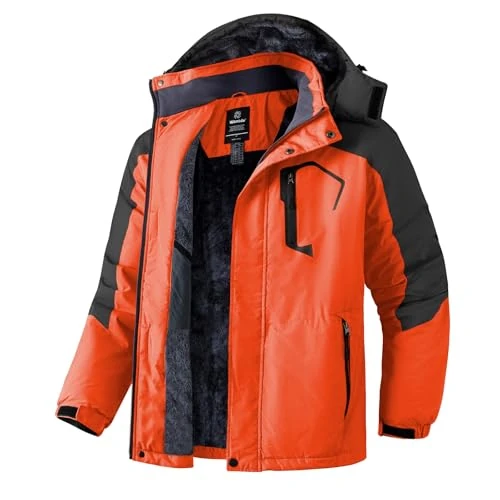 Wantdo Zimowa ciepła górska kurtka narciarska wyściełana parka śnieżna kurtka polarowa kurtka snowboardowa z kapturem wodoodporna męska, Pomarańczowo-czarny, XXL